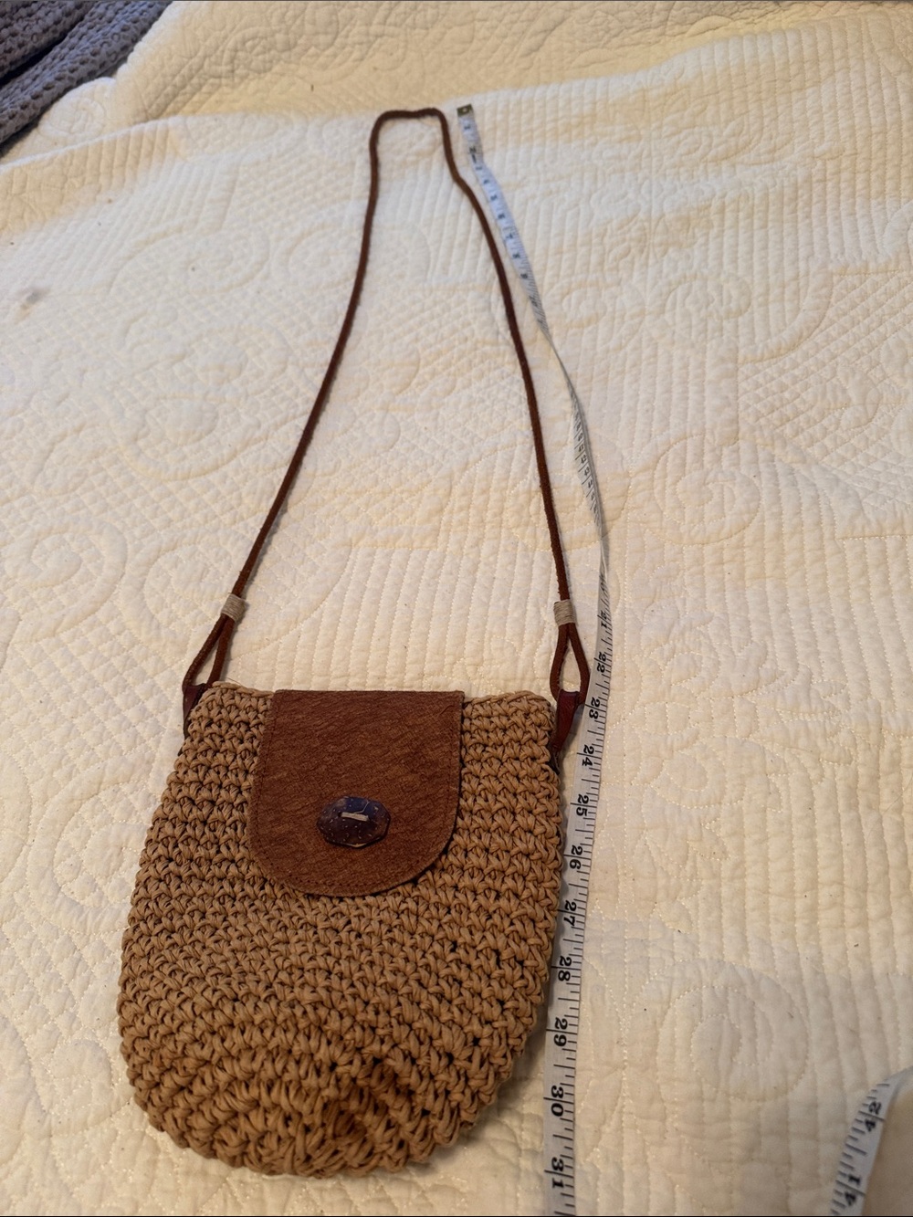 Timmy Woods Brown Woven Crossbody Bag nick on flap stain on bottom